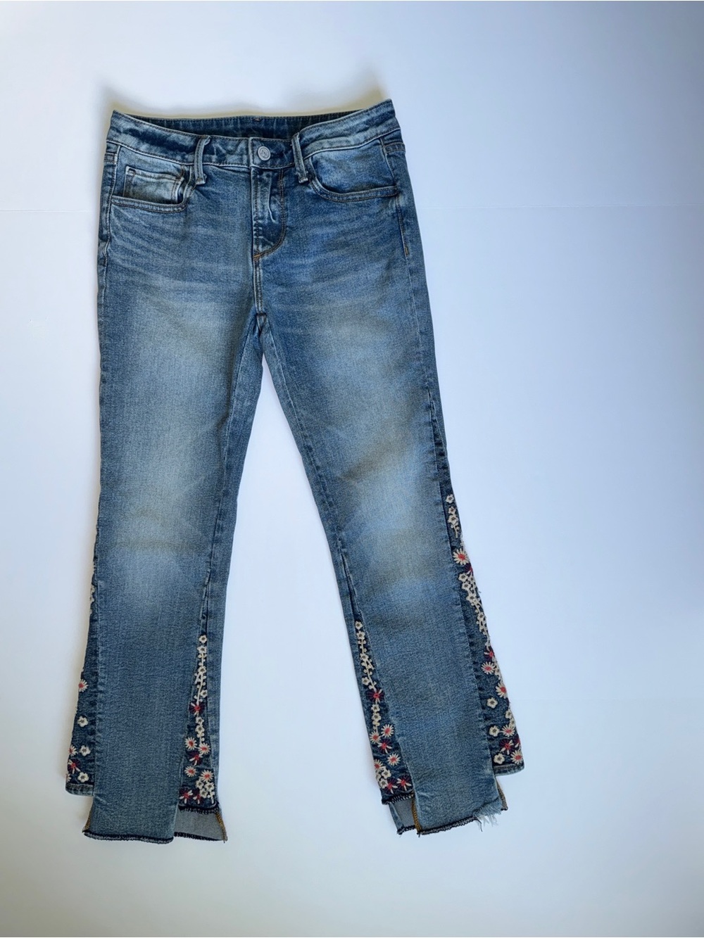 DRIFTWOOD indie cropped flare blue denim jeans with floral embroidery